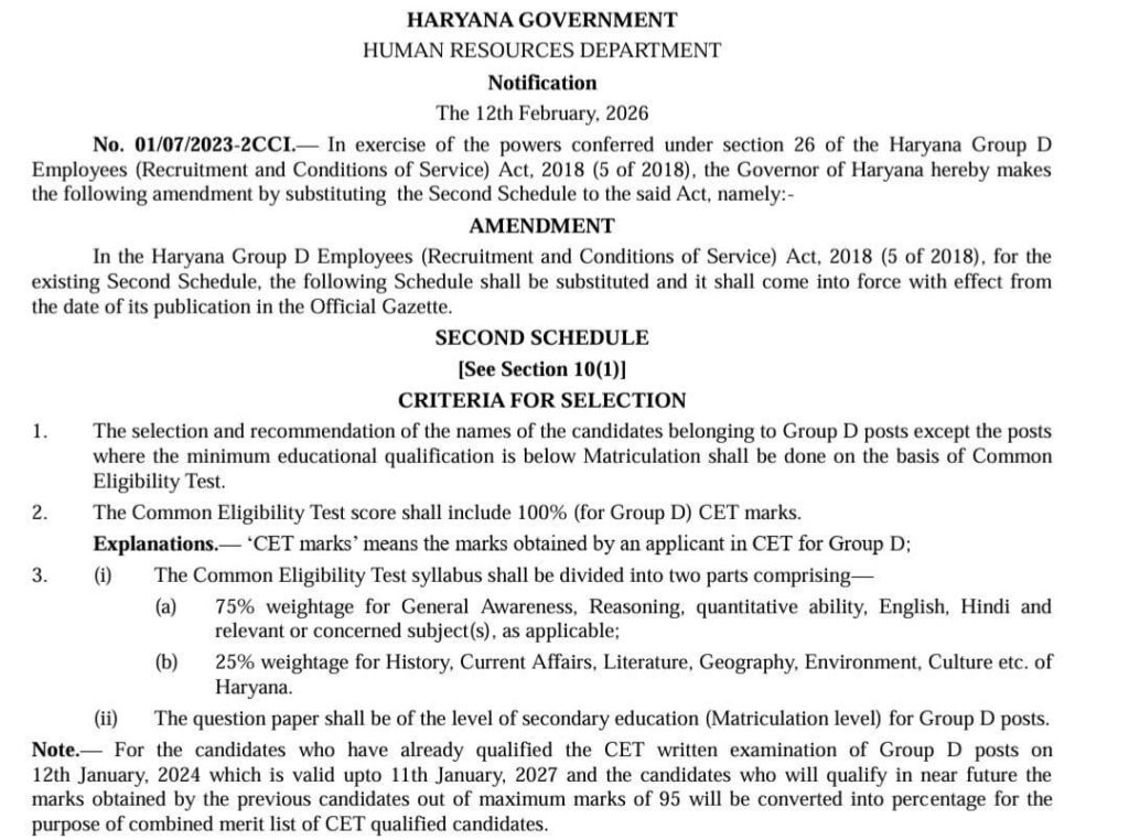 group d Haryana cet notification out 2026