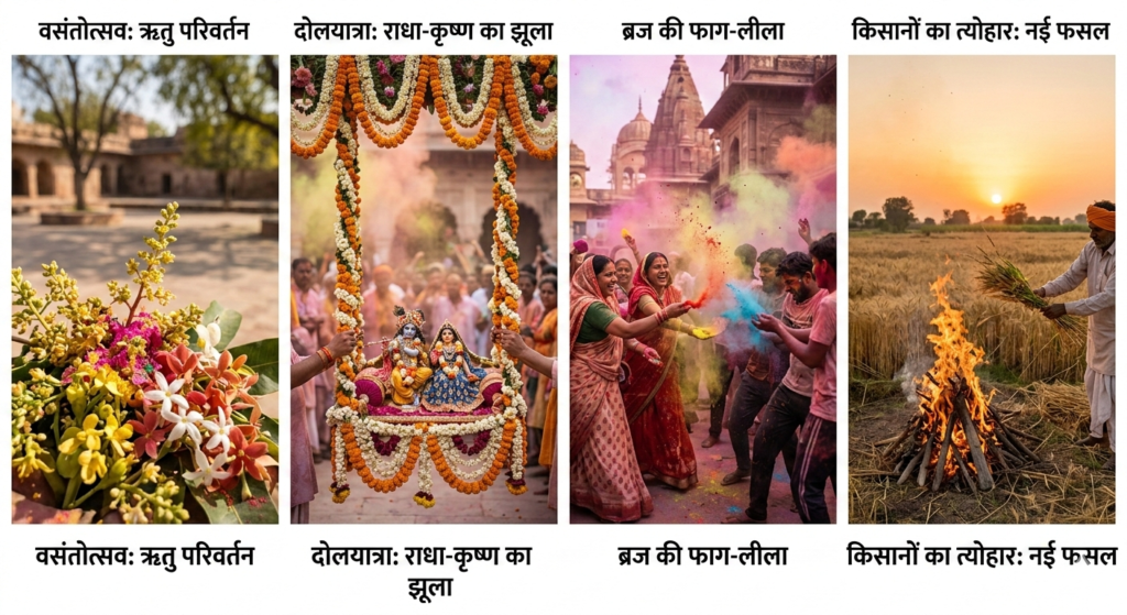 वसंतोत्सव: वसंत ऋतु के ताज़ा फूलों और प्राकृतिक सौंदर्य को दर्शाती एक रंगीन तस्वीर।दोलयात्रा: फूलों से सजी पालकी या झूले पर विराजमान राधा-कृष्ण की सुंदर प्रतिमा।ब्रज की फाग-लीला: मथुरा-वृंदावन में अबीर-गुलाल उड़ाते और होली का आनंद लेते श्रद्धालुओं का समूह।किसानों का त्योहार: खेत में नई फसल की पूजा और होलिका दहन की परंपरा को निभाता एक किसान।