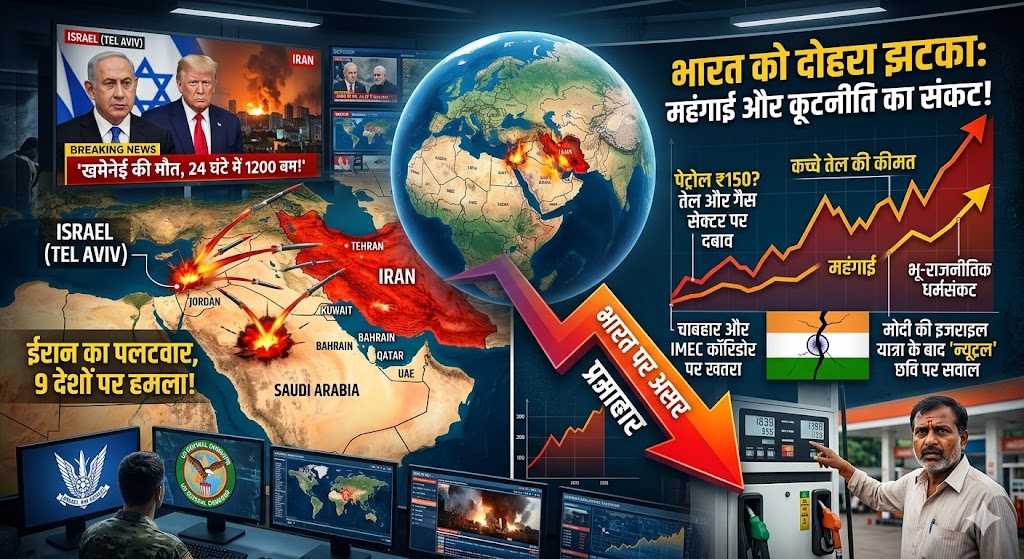 एक विस्तृत न्यूज़ इन्फोग्राफिक पोस्टर जिसमें ईरान-इजराइल युद्ध के भारत पर असर को दिखाया गया है। बाईं ओर इजराइल-ईरान का युद्ध क्षेत्र मैप और मिसाइल हमले का फुटेज है, जिसमें नेतन्याहू और ट्रंप की तस्वीरें हैं। दाईं ओर भारत के लिए महंगाई का ग्राफ, कच्चे तेल की बढ़ती कीमतें, और पेट्रोल पंप पर परेशान एक आम भारतीय नागरिक को दर्शाया गया है। बीच में एक बड़ा 'भारत पर असर' का एरो (Arrow) नीचे की ओर गिरती अर्थव्यवस्था को संकेत कर रहा है।